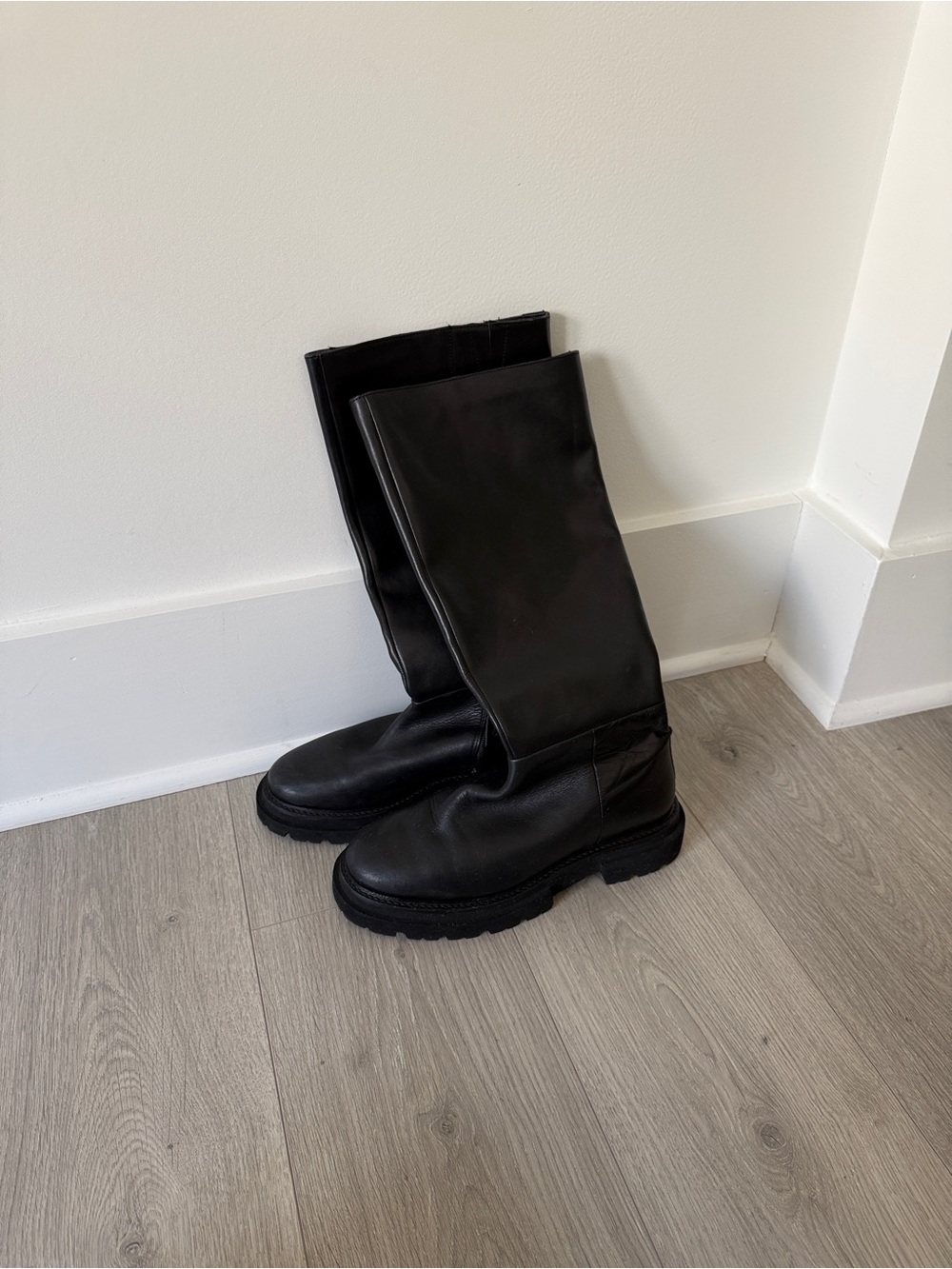 Black Leather Chunky Knee High Boots